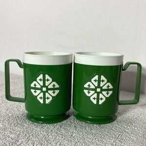 Vintage Green Geometric Print Plastic Chalet Travel Mugs x2 Cottagecore